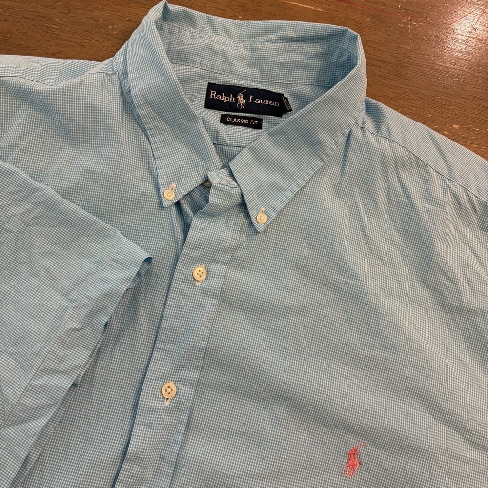 Ralph Lauren Blue Check Plaid Short Sleeve Button Down Shirt 3XB Big Preppy